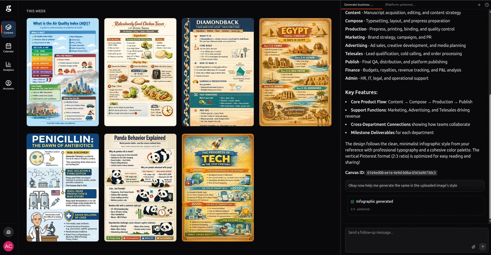 gravy dashboard — AI content creation, infographic generation, and social media analytics